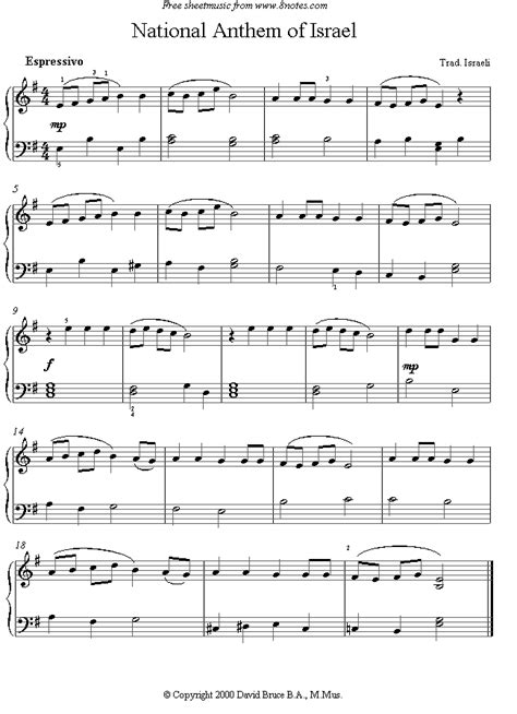 piano israel national anthem sheet music - 8notes.com