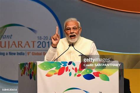 Indian Prime Minister Narendra Modi gives a speech at the Vibrant ...