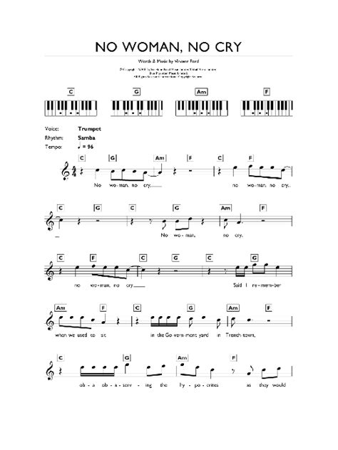 No Woman, No Cry by Bob Marley Sheet Music for Piano Chords/Lyrics at Sheet Music Direct