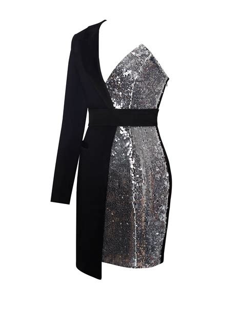 Silver Night One Sleeved Sequin Crepe Tuxedo Blazer Dress – Miss Circle