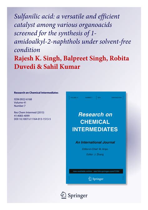 (PDF) Sulfanilic acid: A versatile and efficient catalyst among various organoacids screened for ...