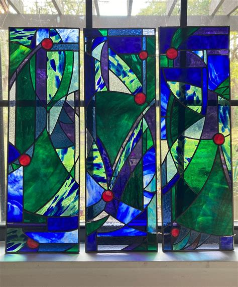 Green Blue 2 Stained Glass Panel Art Glass Panel Stain Glass - Etsy