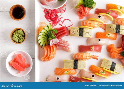 Japanese Food Sashimi and Nigiri Sushi Platter Stock Photo - Image of dish, meal: 80109126