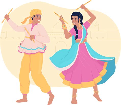 Garba dance with sticks on Diwali 2D vector isolated illustration ...