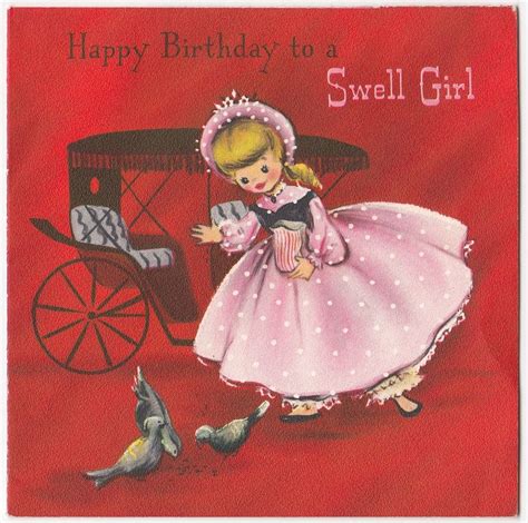 Vintage Greeting Card 1950s Cute Girl Feeding Birds Hallmark Pink Dress a106 | Vintage greeting ...