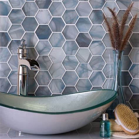 Sea Glass Hexagon Blue Mosaic Tile | Blue mosaic tile, Mosaic tiles ...