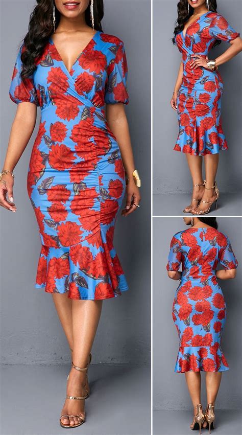 Frill Hem V Neck Flower Print Sheath Dress beautiful dresses pretty ...