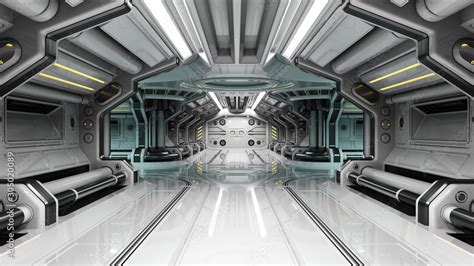 Sci-Fi space station corridor or white futuristic spaceship interior ...