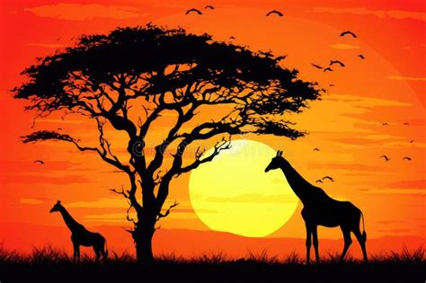 Silhouette of Giraffes in Savanna at Sunset, Vector Illustration ...