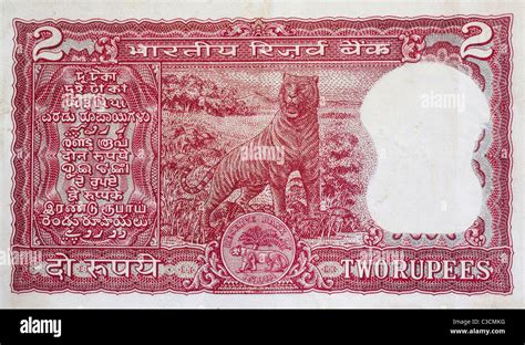 Indian 2 two Rupees bank note paper money showing writing and tiger Stock Photo - Alamy