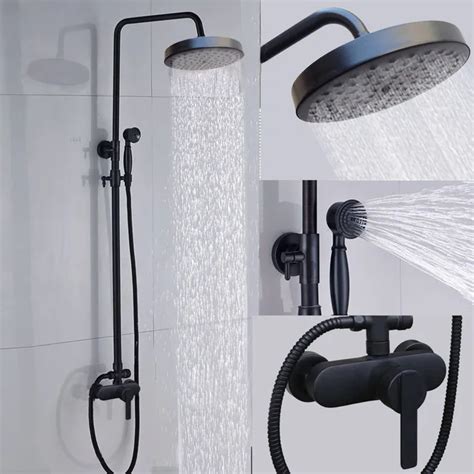 Bathroom Black Shower Set Wall Mounted Round Rainfall Shower Mixer Tap ...