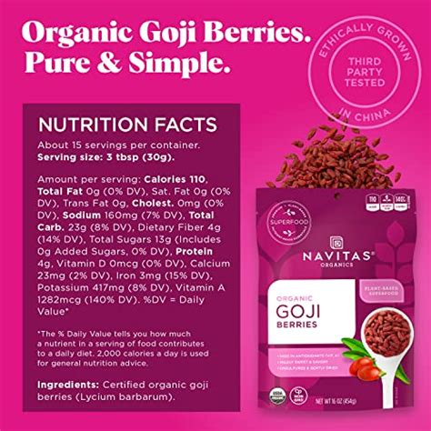 Navitas Organics Goji Berries, 16 oz. Bag, 15 Servings — Organic, Non-GMO, Sun-Dried, Sulfite ...