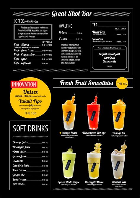 Drink List Menu for Great Shot Bar, Tiffin Mama Restaurant, foto Hotel, Kata Beach, Phuket ...