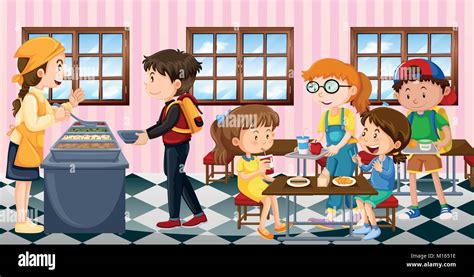 Kids eating lunch at the canteen illustration Stock Vector Image & Art ...