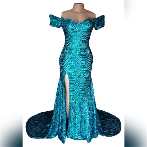 Turquoise green full patterned sequins prom off shoulder dress ...