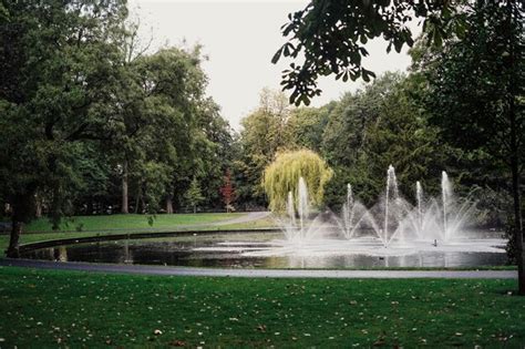 Premium Photo | Park with lots of green and a fountain.