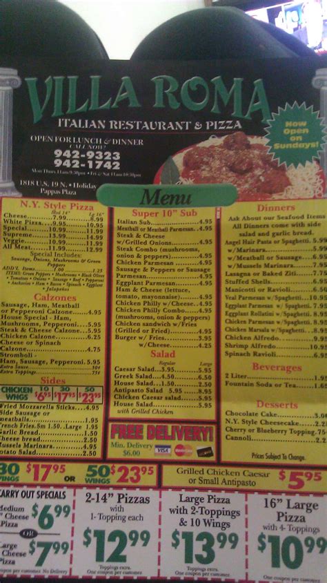 Menu at VILLA ROMA pizzeria, Holiday