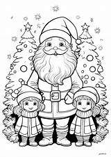 Santa Claus With Two Children And Christmas Trees  Coloring sketch template