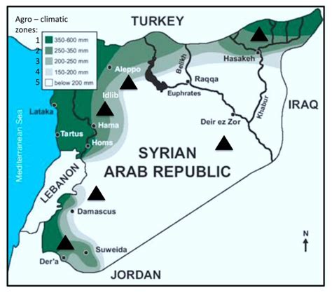 Agro-climatic zones in Syria based on rainfall (in mm) [3], and ...