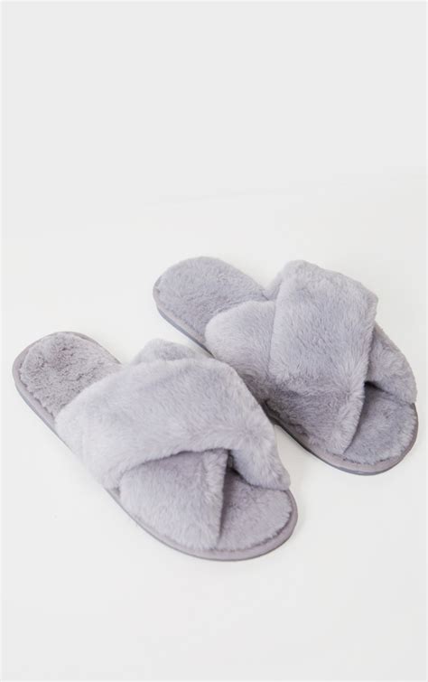 Grey Fluffy Cross Strap Slippers | PrettyLittleThing CA