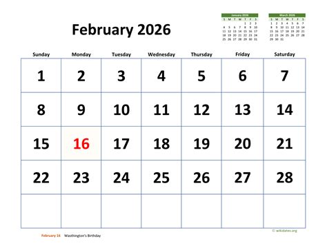 February 2026 Calendar with Extra-large Dates | WikiDates.org