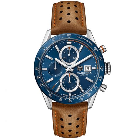 Tag Heuer Carrera Automatic Chronograph Blue Dial Brown Leather Strap ...