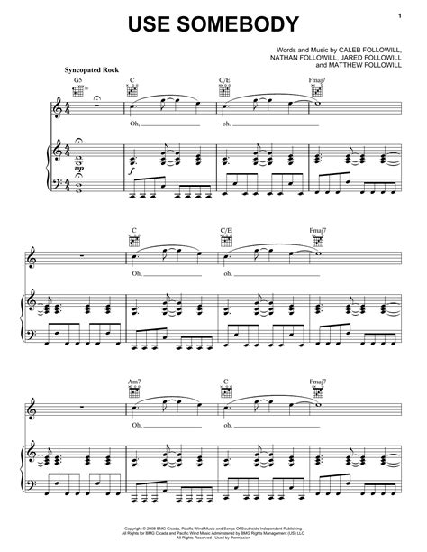 Use Somebody by Kings Of Leon Sheet Music for Piano, Vocal & Guitar ...