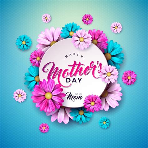 Free Vector | Happy Mother's Day Greeting Card Design with Flower and Typography Letter on Blue ...