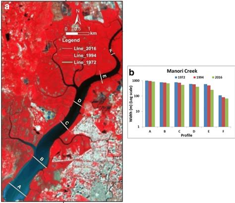 a Various profiles on Manori creek b Variation in width of the creek ...