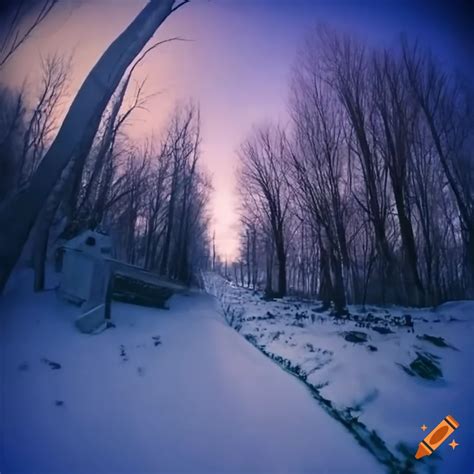 Snowy cemetery path with surveillance cameras on Craiyon