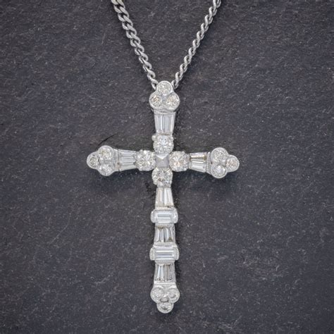 VINTAGE DIAMOND CROSS NECKLACE 18CT WHITE GOLD CHAIN – Antique Jewellery Online