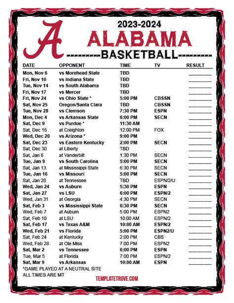 Printable 2023-2024 Alabama Crimson Tide Basketball Schedule