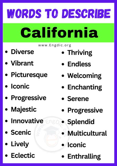 20+ Best Words to Describe California, Adjectives for California - EngDic