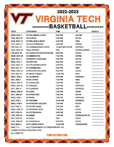 Printable 2022-2023 Virginia Tech Hokies Basketball Schedule