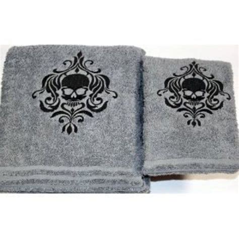 Items similar to Halloween - Skull - Gothic Bath Towel Set, Gray with Black stitching on Etsy in ...