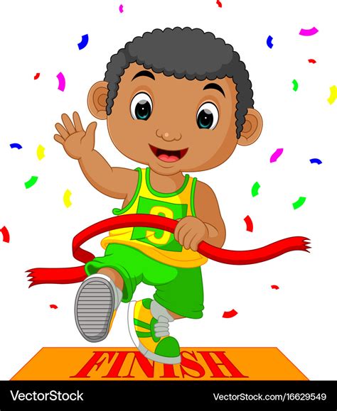 Boy ran to the finish line first Royalty Free Vector Image