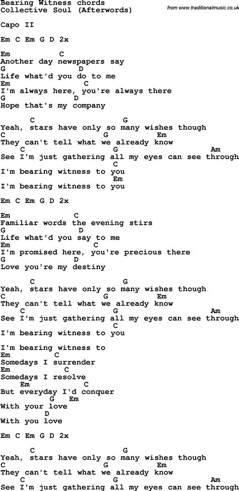 Song lyrics with guitar chords for Bearing Witness