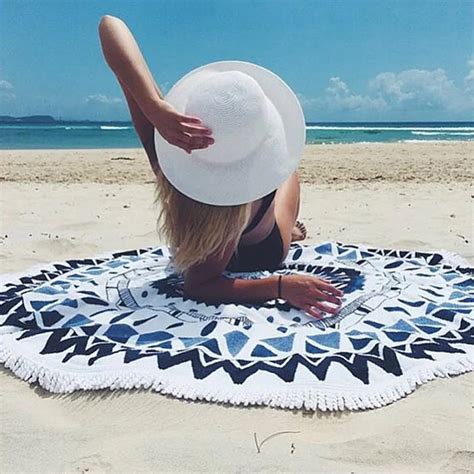 100% Cotton Round Beach Towel Serviette Summer Swimming Sunbath de plage Printed Tassel Knitted ...