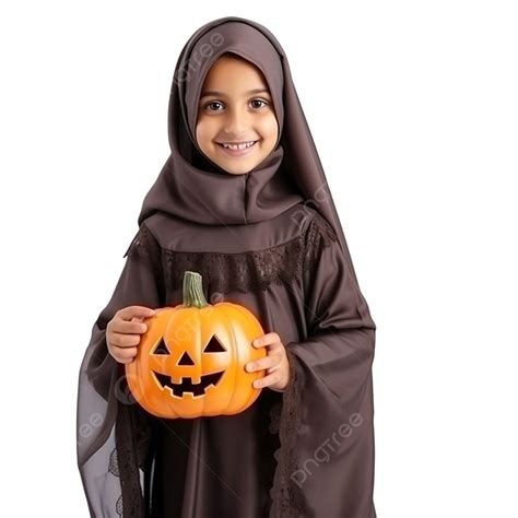 Halloween, Cute Arab Girl In Witch Costume With Jack O Lantern Outdoor ...