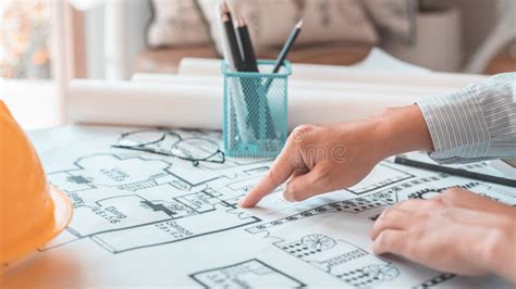 Architectural Building Design and Construction Plans with Blueprints Stock Photo - Image of ...