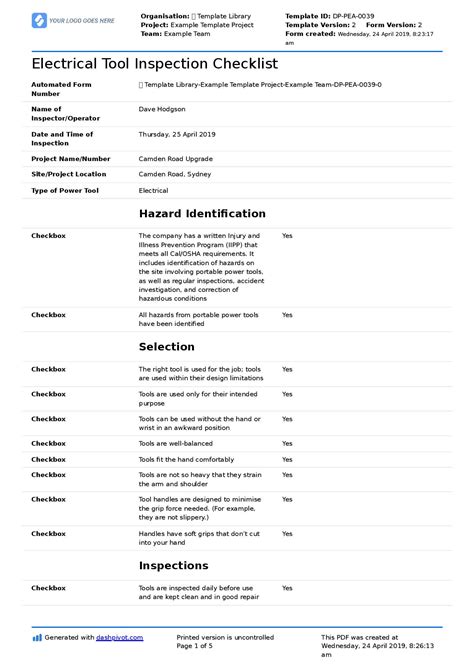 Electrical Tool Inspection Checklist (Free to use and customisable)