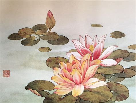 Chinese Fan Painting Lotus Waterlilies Flowers Flower Bird Brush Paintings Watercolor Prints ...