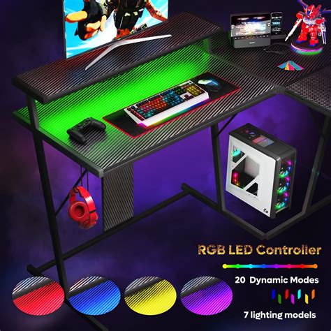 Bestier L Shaped Computer Desk 55” Gaming Desk Led Lights Corner Gaming Desk RGB Gamer Desk with ...