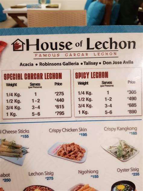 Menu at House of Lechon restaurant, Cebu City, Acacia St