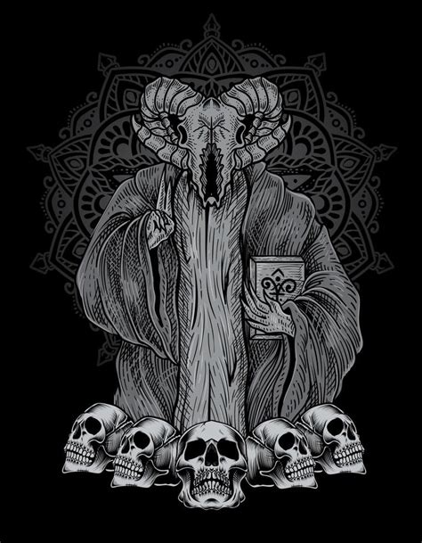 illustration scary baphomet skull on engraving ornament 4246750 Vector ...