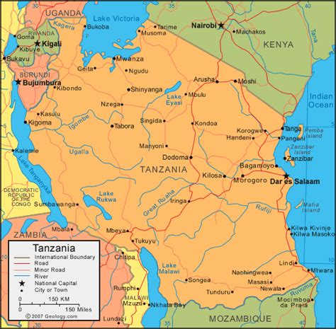 Map of Tanzania with neighbour countries allocated in Indian Ocean ...