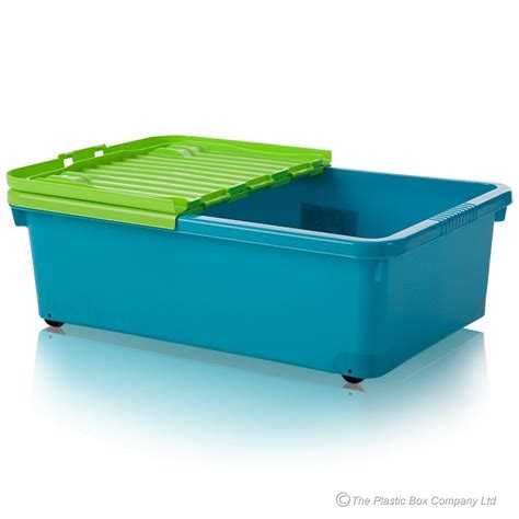 32lt Plastic Under Bed Storage Box With Wheels and Folding Lid Blue/Lime - Single Storage Box On ...