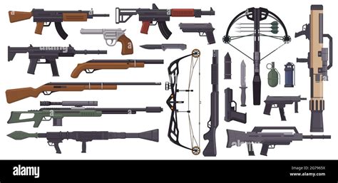 Weapons guns. Military weapons, gun pistol, crossbow, knives, grenade ...