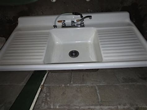 Vintage 1950's Single Basin Double Drainboard Porcelain Over Cast Iron Sink