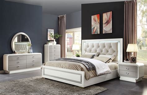 NEW Glossy Off White 5 pieces King Bedroom Set with LED Lighted Headboard IABG - Bedroom Sets